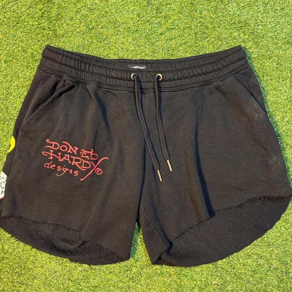 Ed Hardy black sweatpants with red cursive text reading 'deaths HARD DAY'